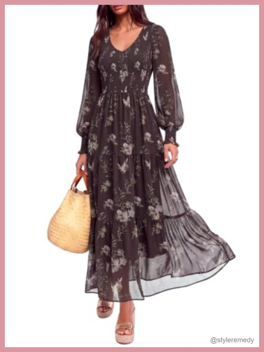 Womens Floral Smocked Maxi Dress Long Sleeve Tiered A-Line